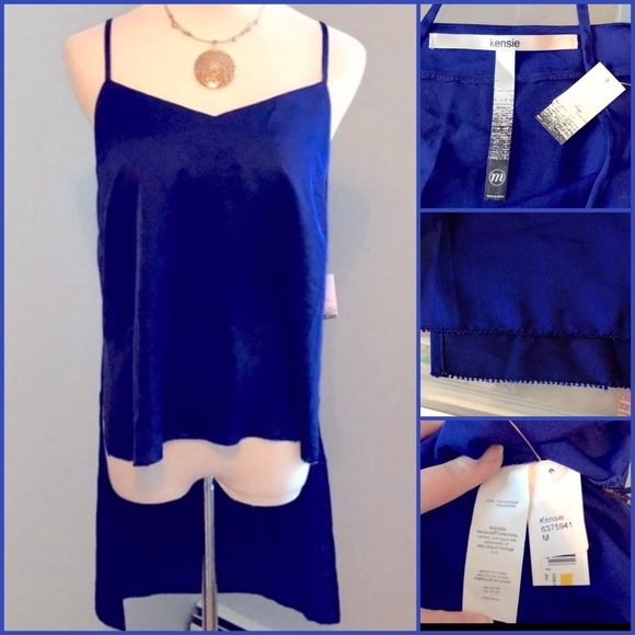 Kensie Hi-Low Silky Cami Top V-Neck Spaghetti Strap Sapphire Blue Tank M - Picture 3 of 7